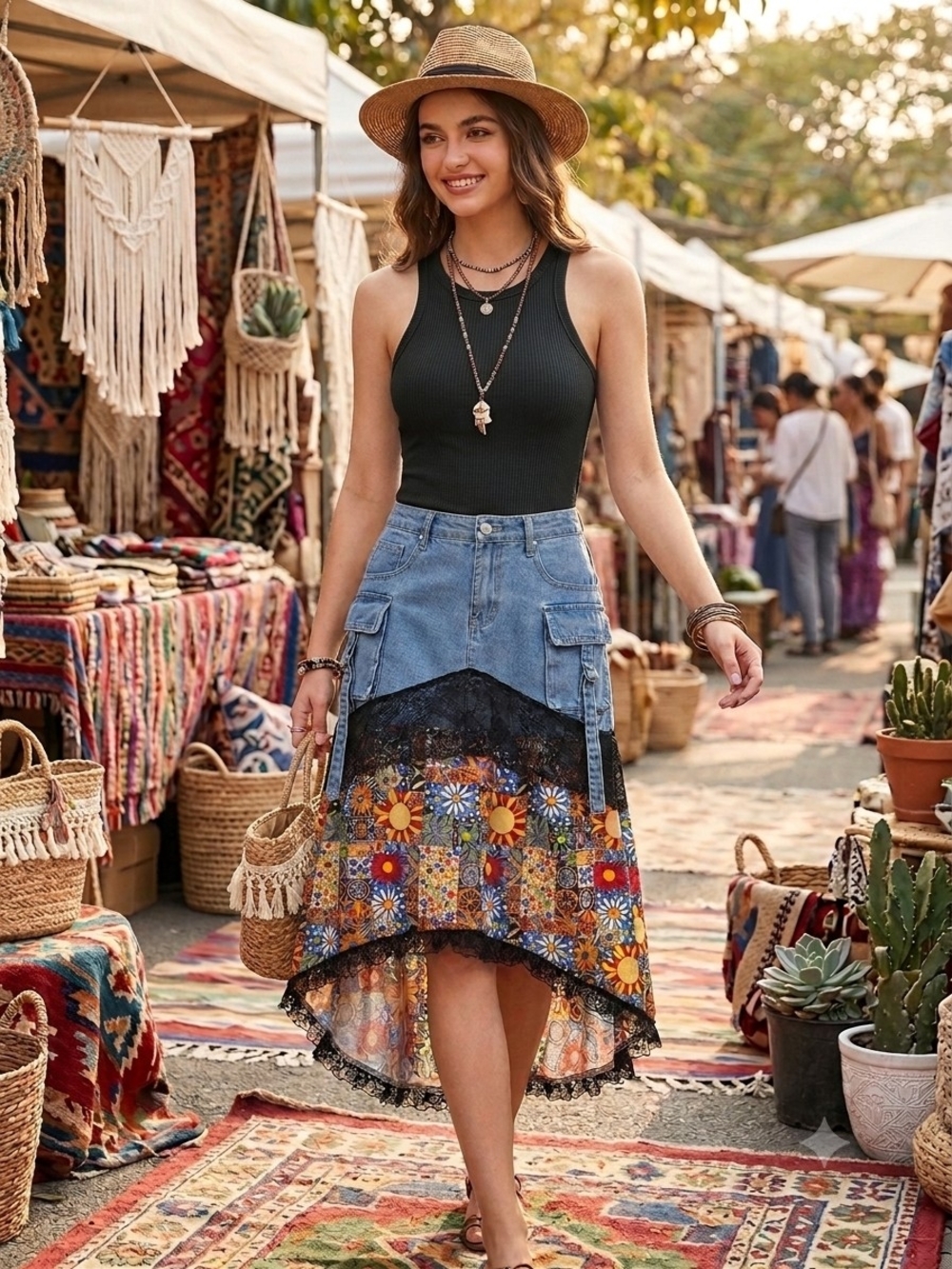 OOAK Boho Floral Patchwork High-Low Denim Skirt in Blue